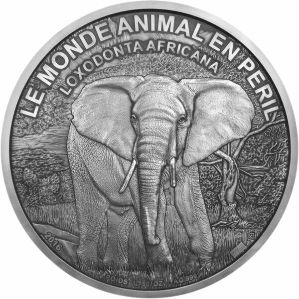 1.750 Unzen Silber Elefant Antik Finish (Größte Silbermünze der Welt | Elfenbeinküste)