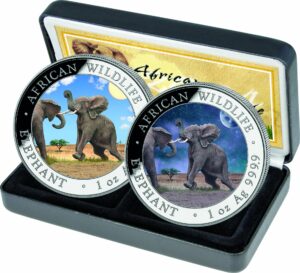 2 x 1 Unze Silber Somalia Elefant Tag & Nacht Set 2024 (Auflage: 500 | coloriert | 2 Münzen)